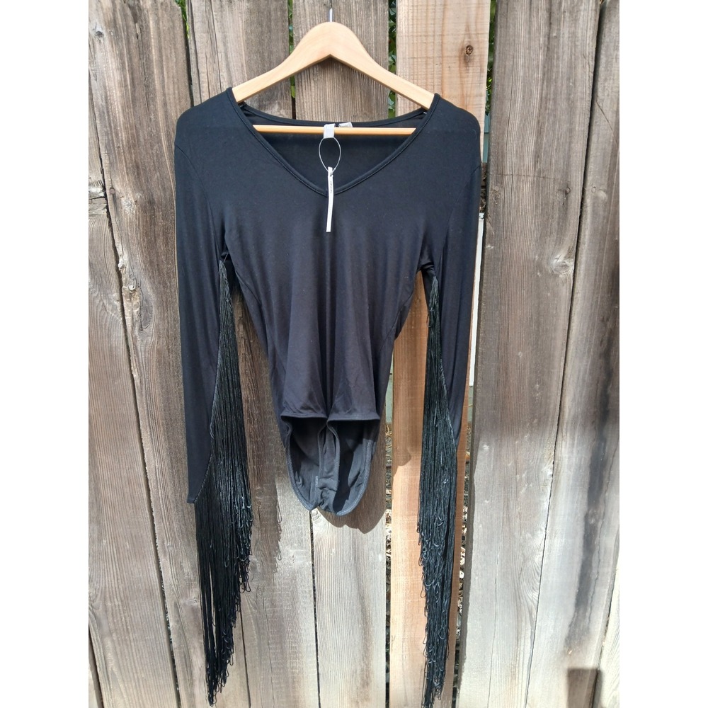 NWT ASOS DESIGN Tall Black Long Sleeve V-Neck Fringe Bodysuit US 4